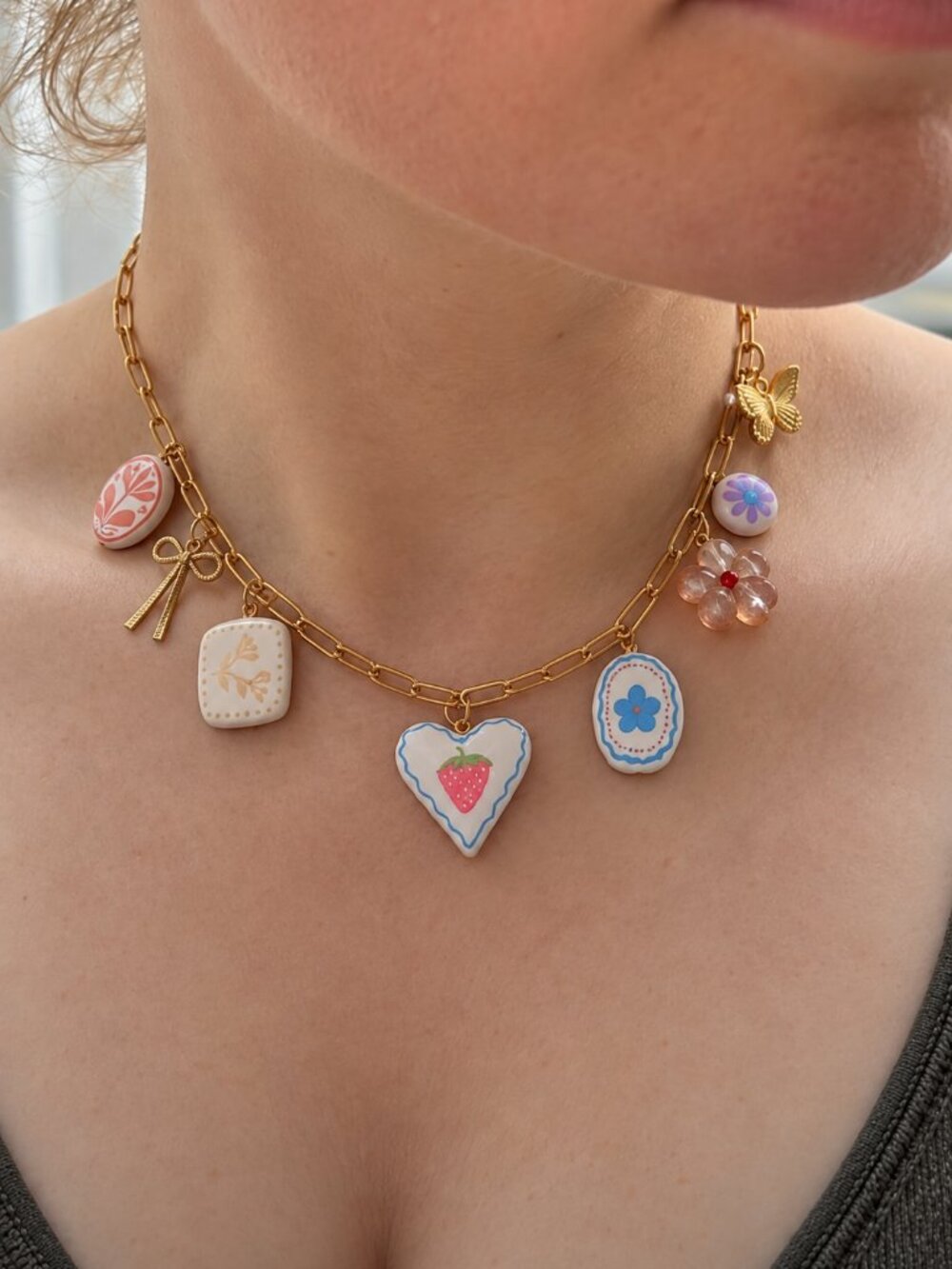 Handmade Whimsical Charm Necklace | Gold Paperclip Chain | Cottagecore Vintage